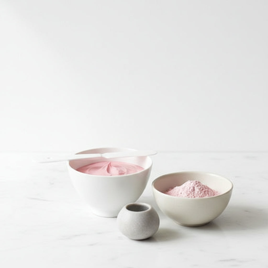 Three bowls with pink contents on a white background
