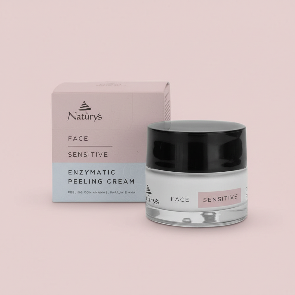 Naturys Enzymatic Peeling Cream jar and box on a pink background