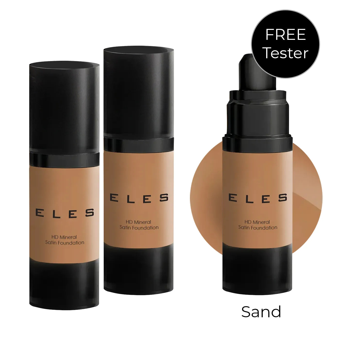 ELES HD Mineral Satin Foundation bottles with a free tester offer on a white background
