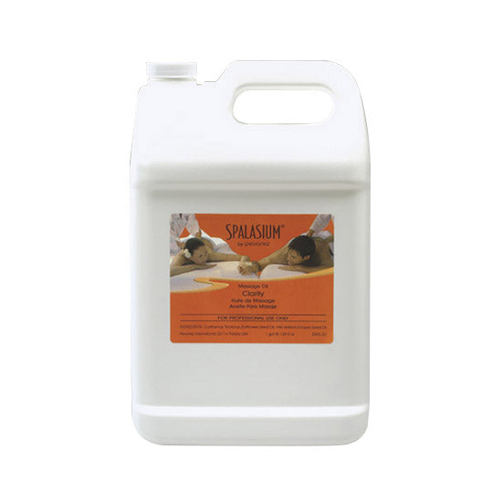 A white gallon container of Spalasium Massage Oil with an orange label featuring text and branding.