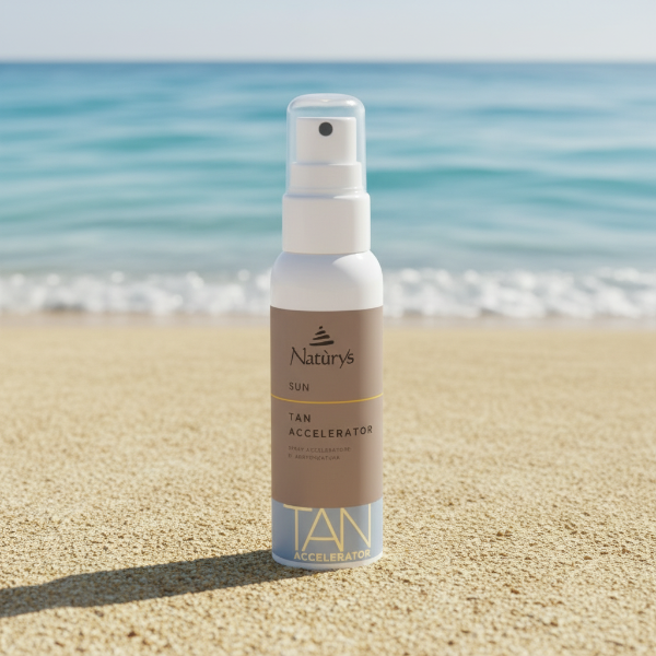 Bottle of Naturys Tan Accelerator spray on a sandy beach with ocean in the background