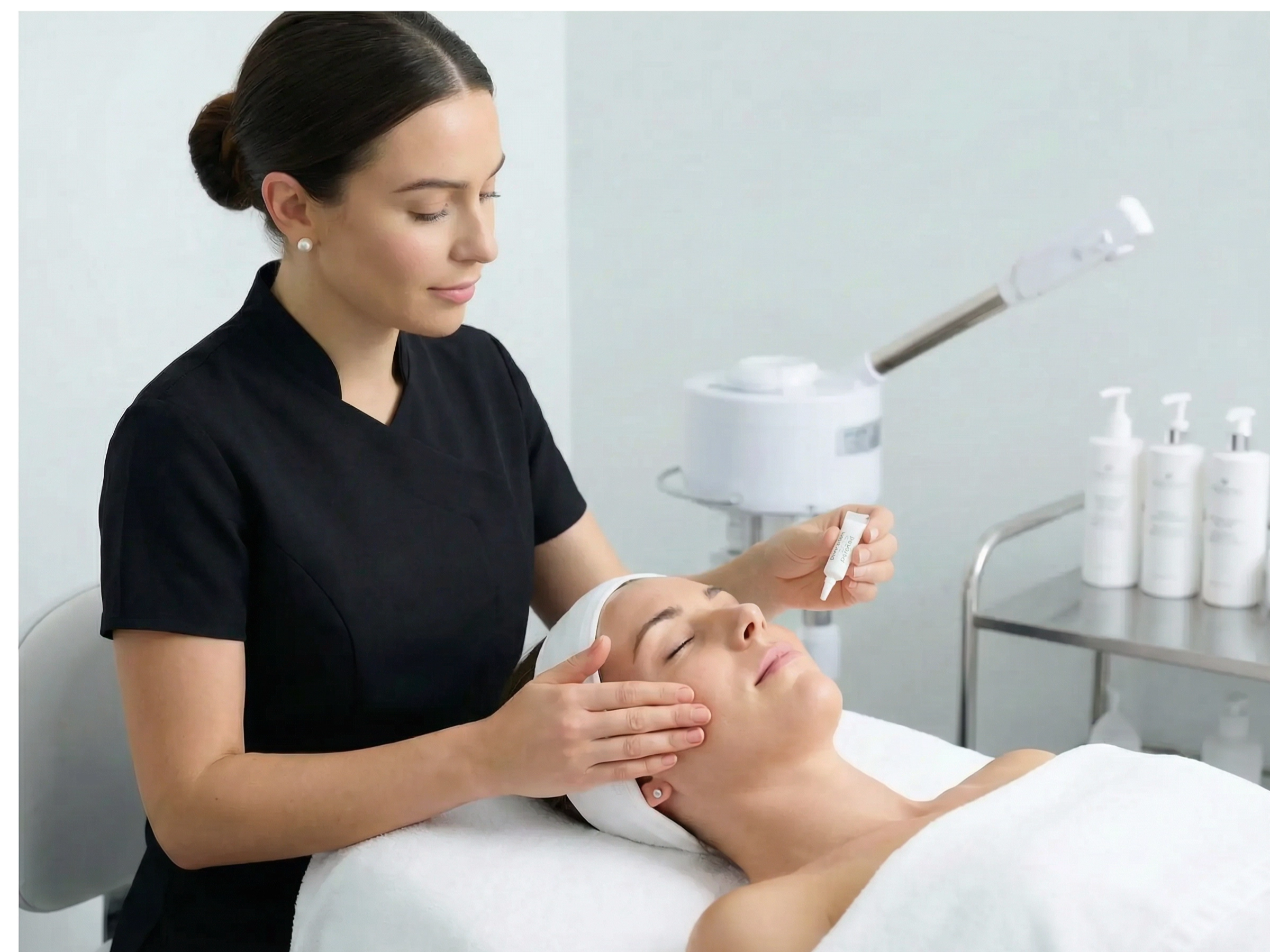 Woman receiving a facial treatment in a clinical setting.