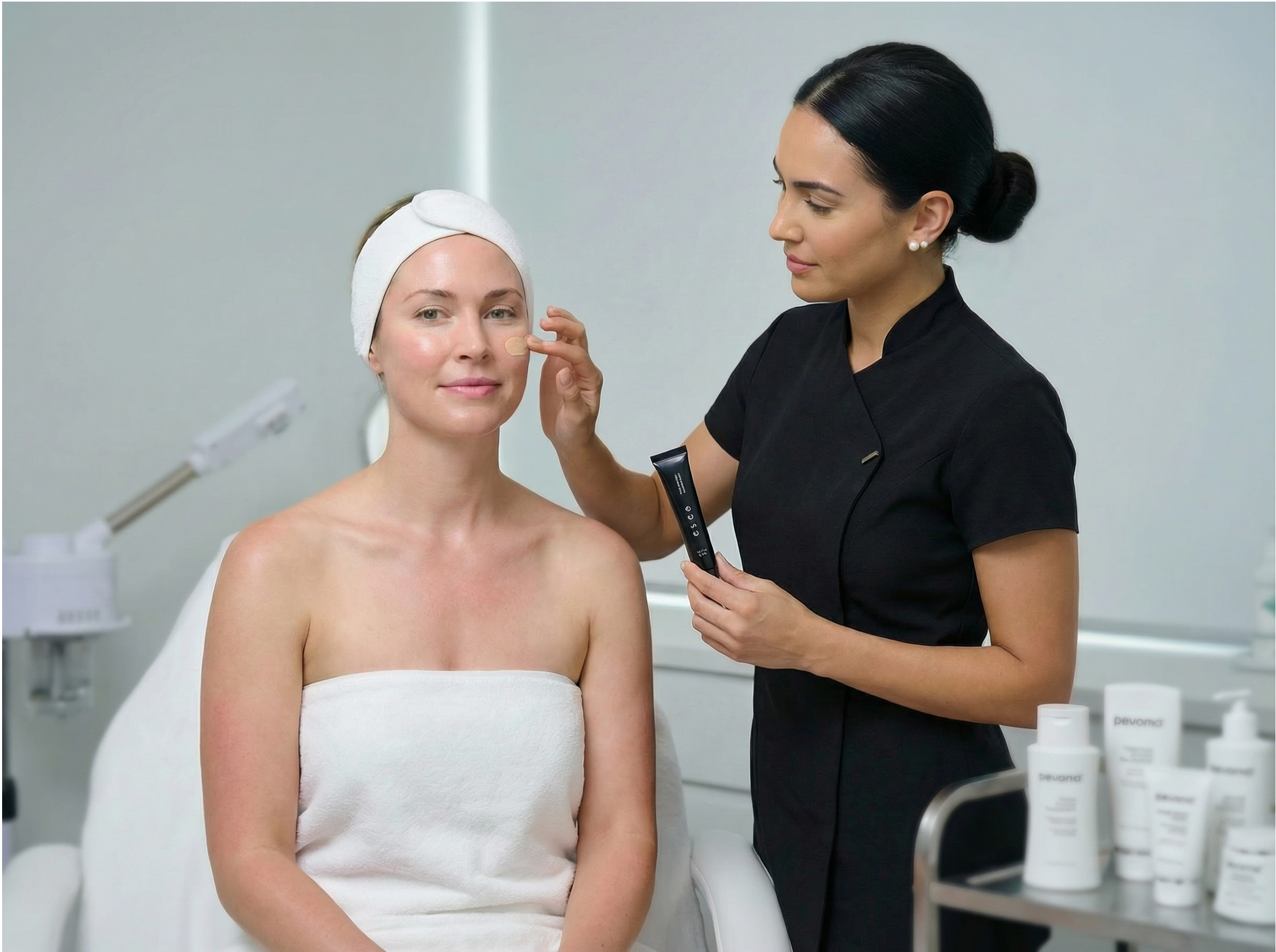 Woman receiving a facial treatment from a professional in a clinical setting.