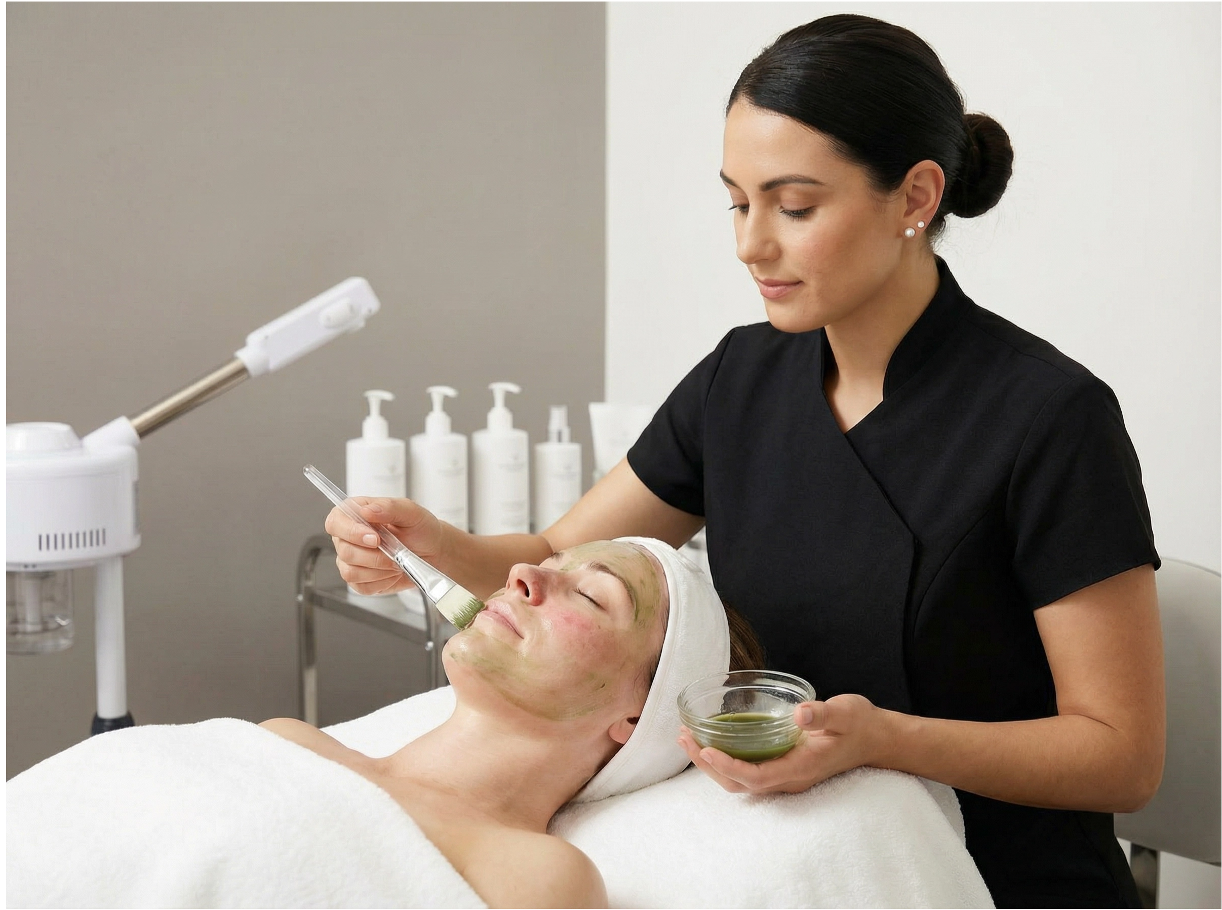 Woman receiving a facial treatment from another woman in a spa setting.
