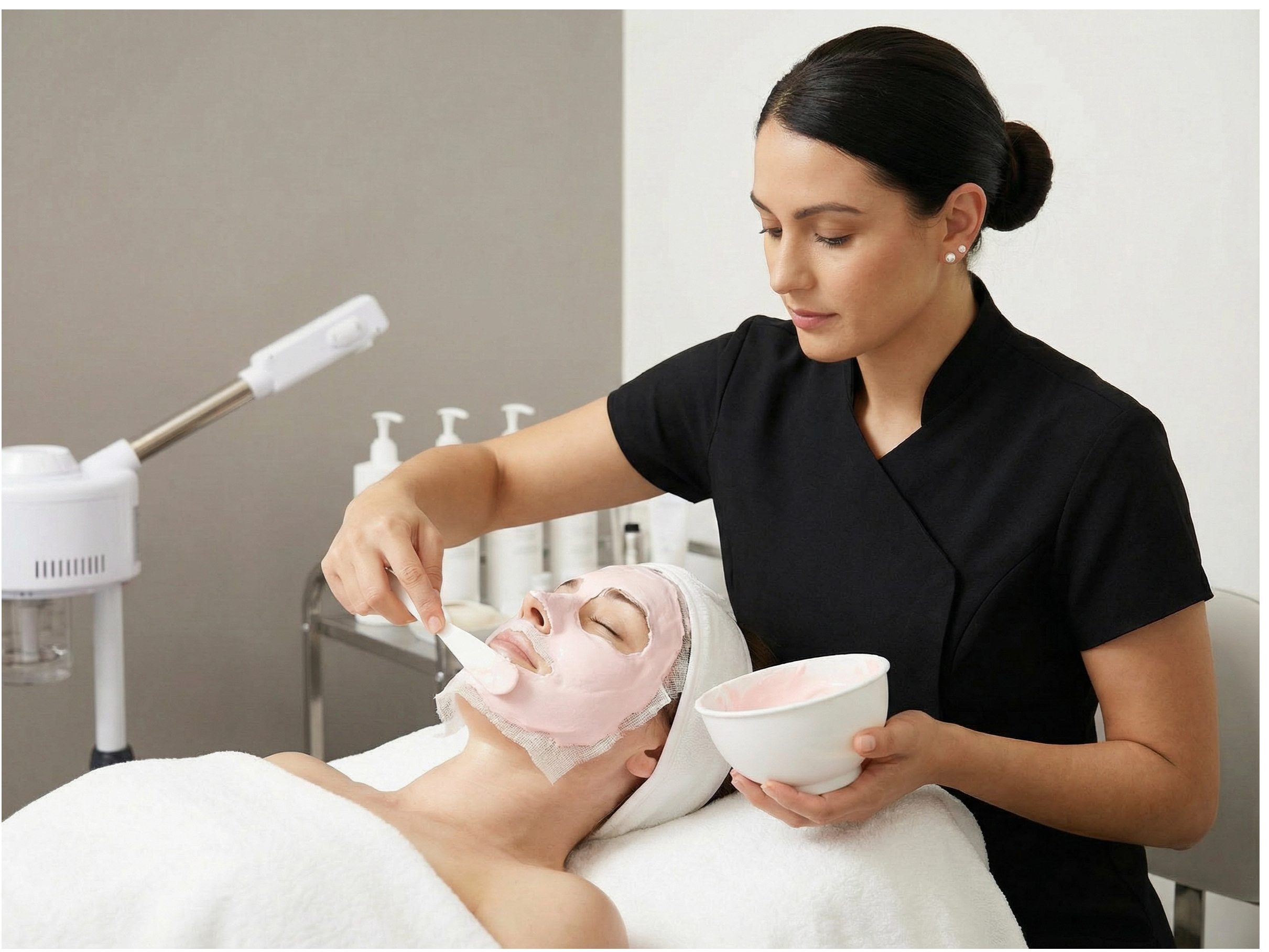 Woman receiving a facial mask treatment in a spa setting.