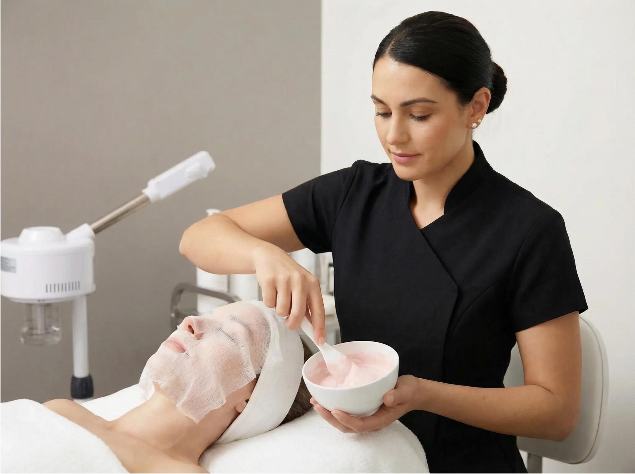 Woman receiving a facial treatment with a skincare professional in a spa setting.