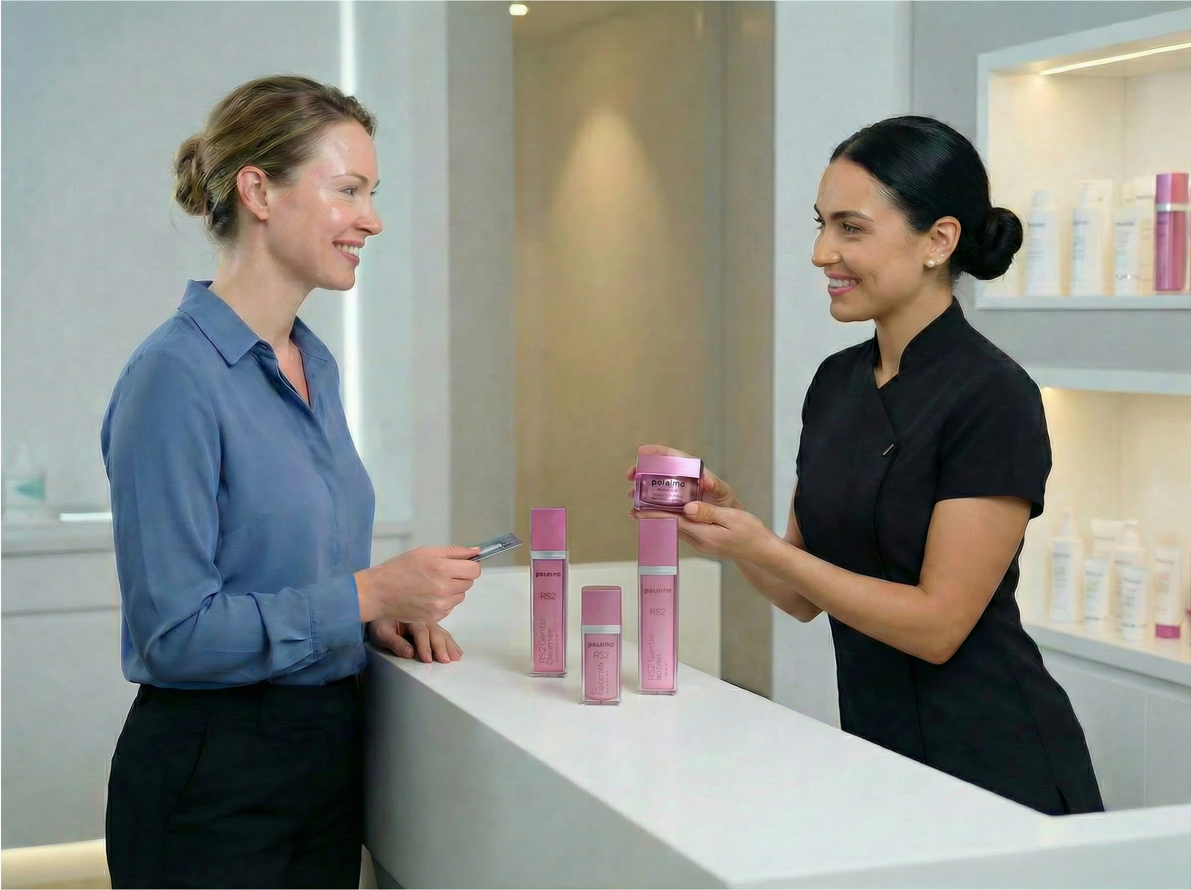 Two women in a beauty salon setting with pink skincare products.