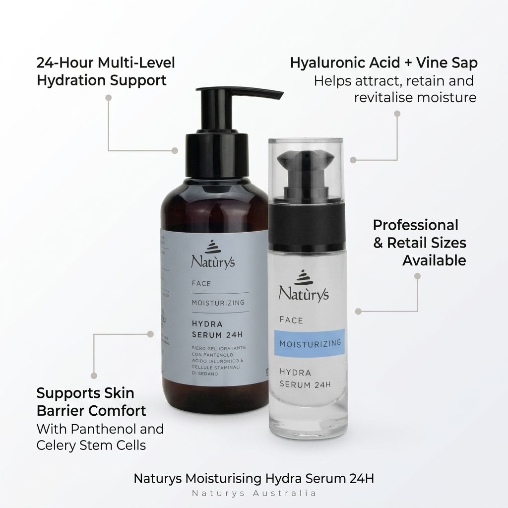 Two bottles of Naturys Face Moisturizing Hydra Serum 24H with product features highlighted on a white background.