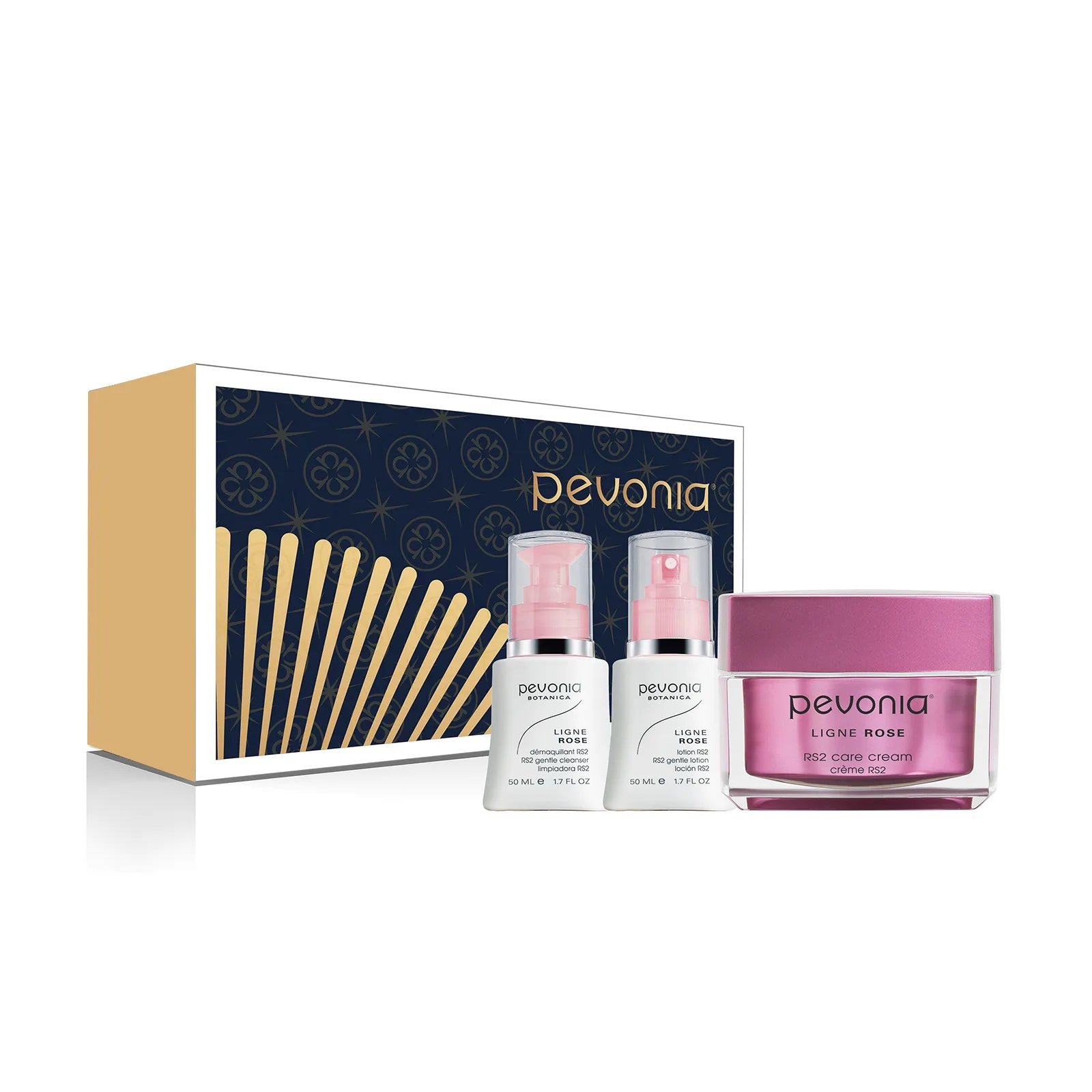 Pevonia skincare product set with bottles and a jar in front of a branded box on a white background