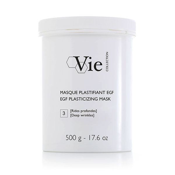 A white jar of Vie Collection EGF Plasticizing Mask with product details in French.