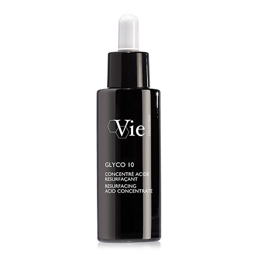 A black bottle with a white dropper labeled 'Vie GLYCO 10 Resurfacing Acid Concentrate' against a white background.