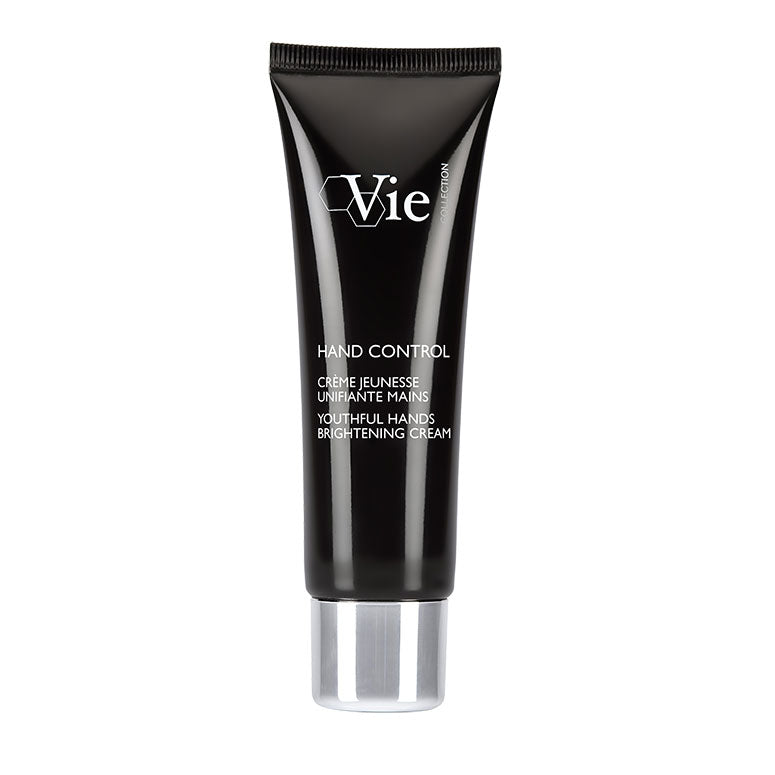 A black tube of Vie hand control youthful hands brightening cream.