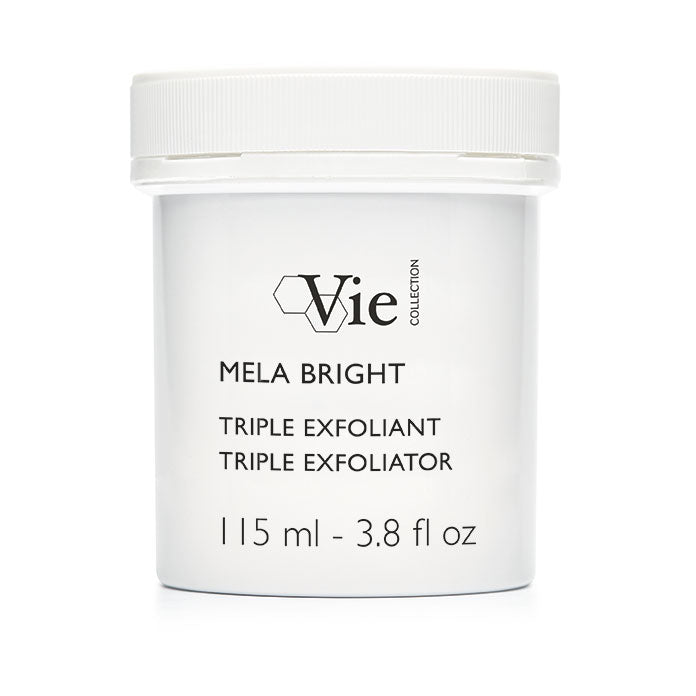 A white jar labeled 'Vie Mela Bright Triple Exfoliator' in French and English, with a size indication of 115ml - 3.8 fl oz.