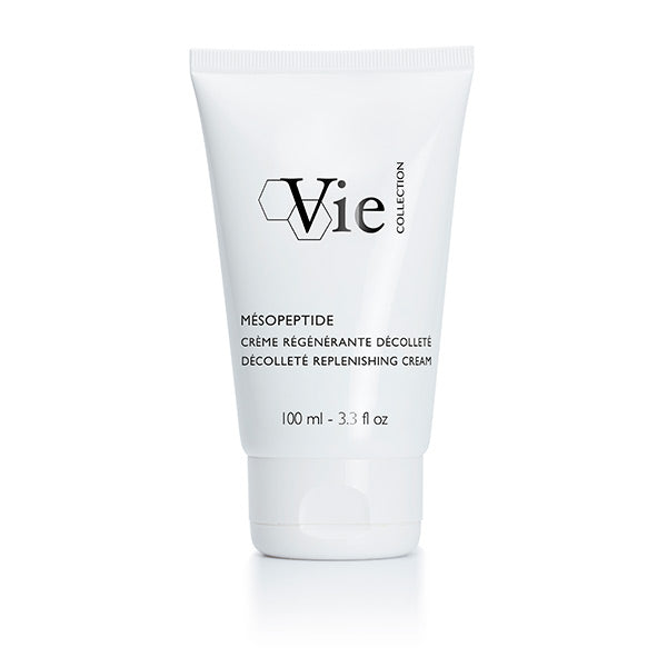 A white tube of Vie Collection Mesopeptide Decollete Replenishing Cream with black and silver text detailing the product name and size.