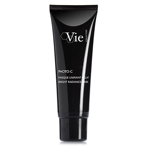 A black tube of Vie Collection Photo C Bright Radiance Mask with white and silver text detailing the product name and benefits.