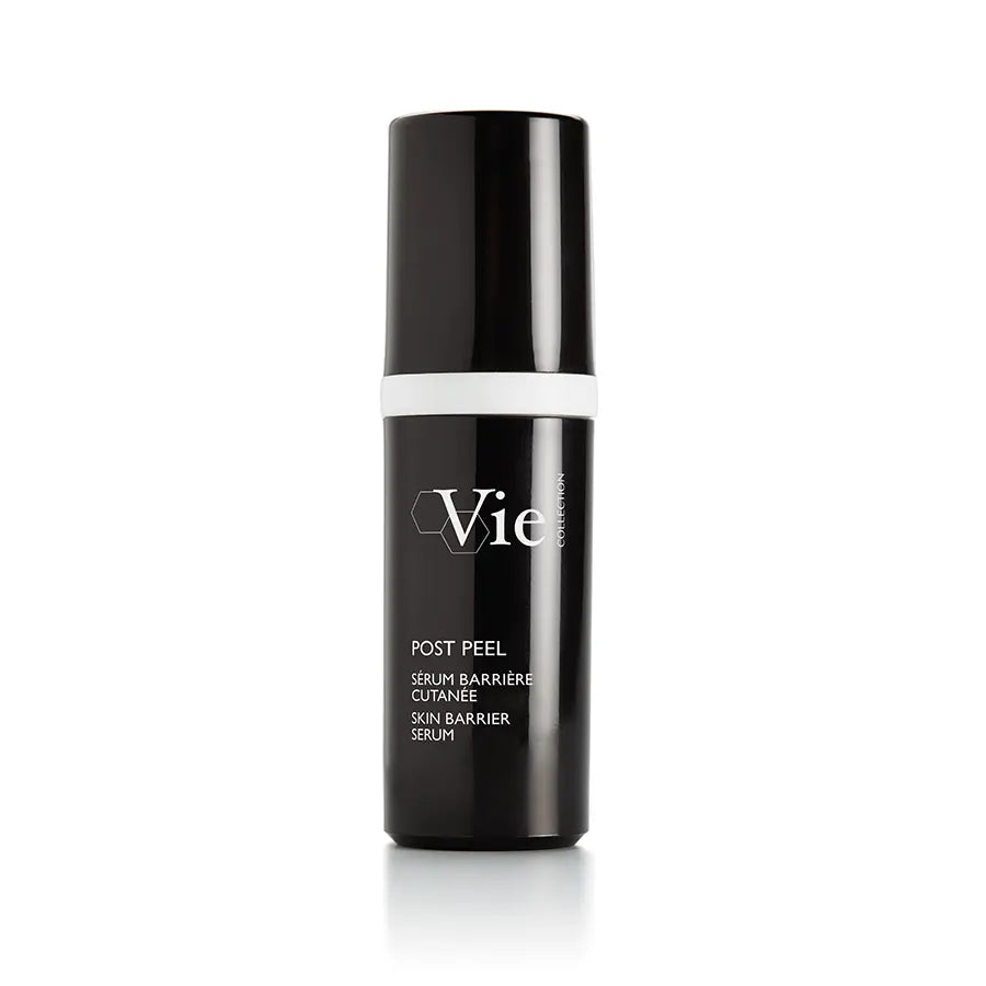 Black skincare serum bottle with 'Vie' branding on a white background