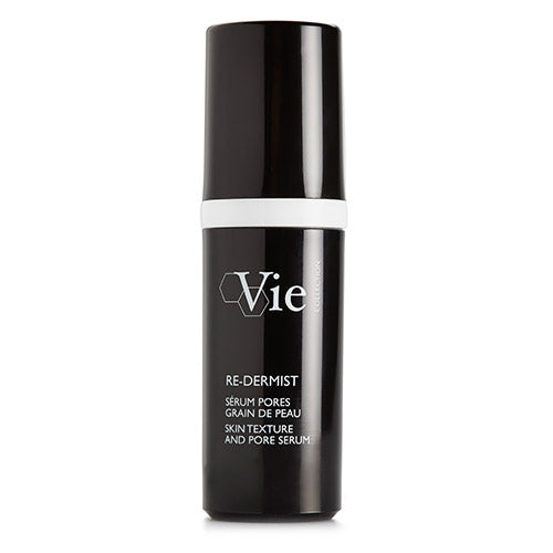 A black and clear bottle with a white label, displaying the serum name Re-Dermist Pore and Skin Texture Serum by Vie.