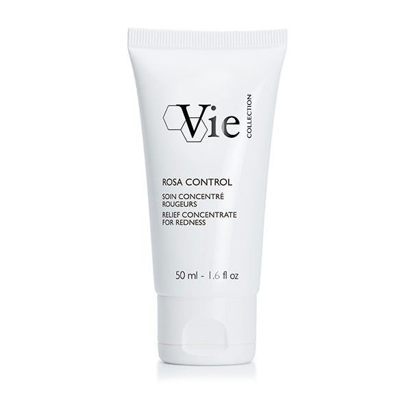 A white tube with black text displaying the product name 'Rosa Control Relief Concentrate for Redness 50ml'.