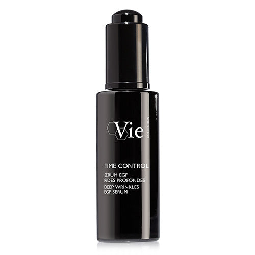 A black bottle with a white label displaying the brand 'Vie' and the product name 'TIME CONTROL DEEP WRINKLES EGF SERUM 30ml'.