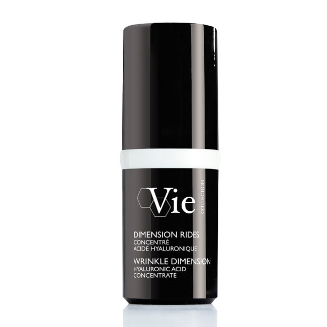 A black and white bottle of Vie Dimension Rides Concentrate, with text indicating it is a hyaluronic acid concentrate for wrinkles.