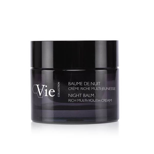 A jar of Vie Collection Night Balm Rich Multi-Youth Cream against a white background.