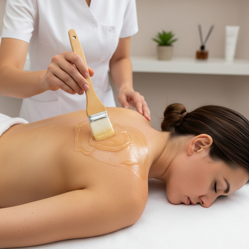 Woman receiving a massage with a brush applying oil to her back in a spa setting.