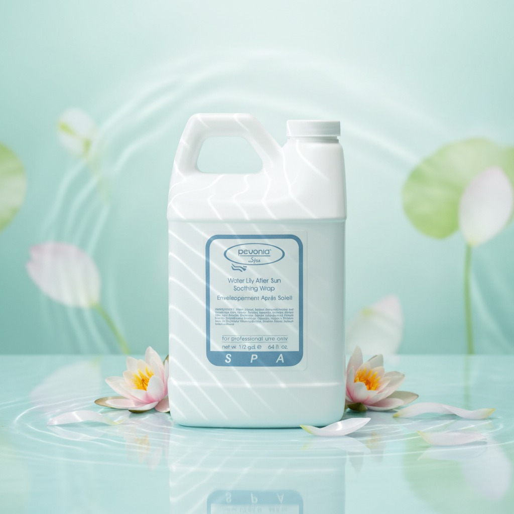 Large bottle of 'Water lily After Sun Soothing Wrap Spa' product with floral decorations on a light blue background