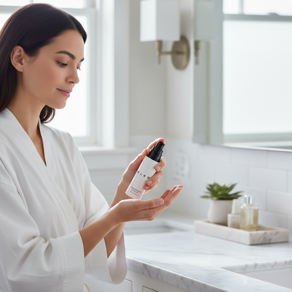 Woman in a white robe holding a skincare product in a bathroom setting