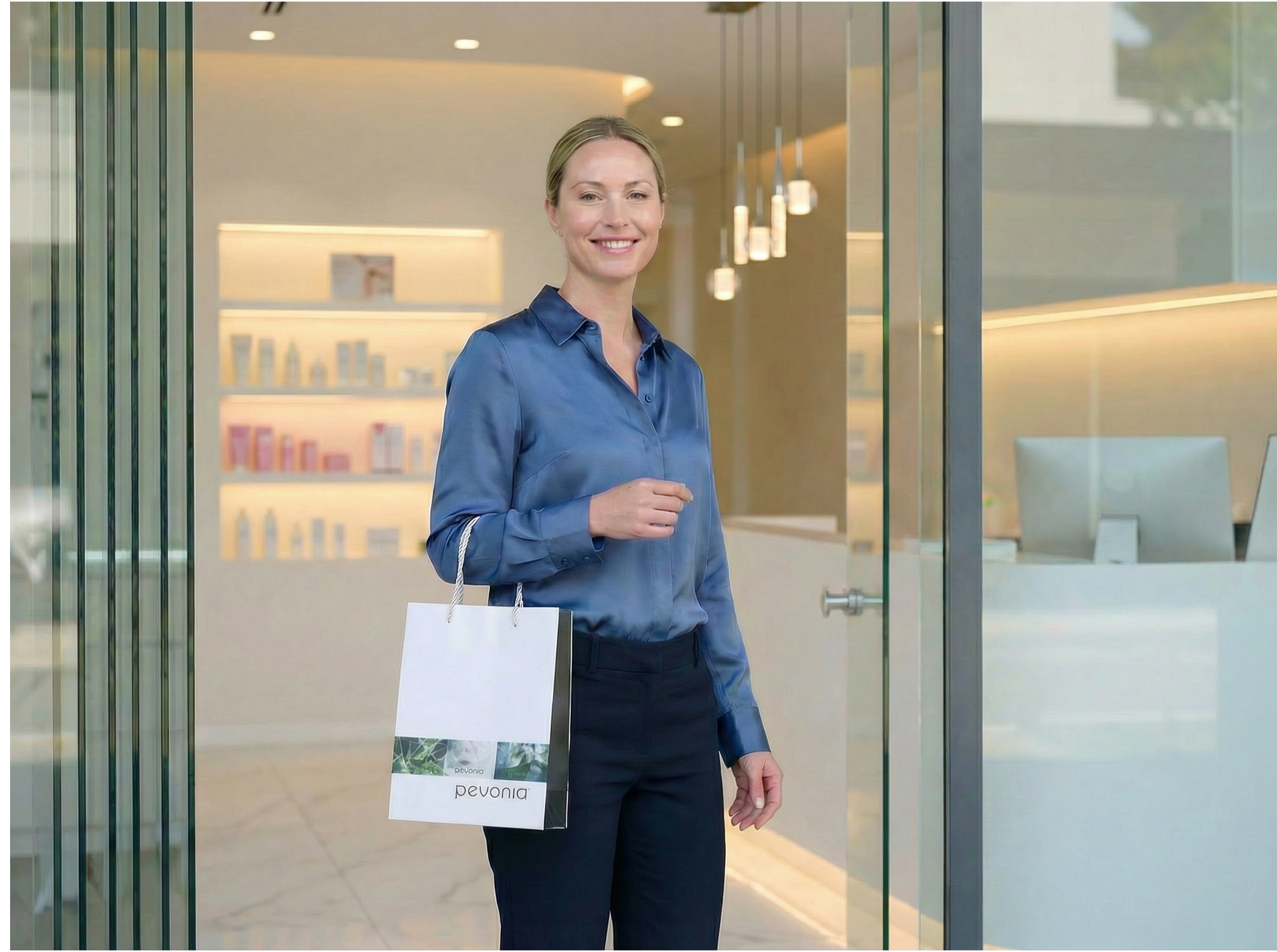 Woman holding a white bag with a brand logo, standing in a modern office setting.