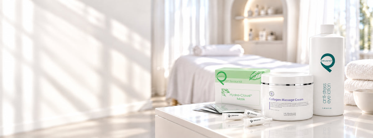A set of skincare products , including a collagen massage cream jar, a body wash bottle, and a facial mask box, arranged on a white table in a bright, sunlit spa room.