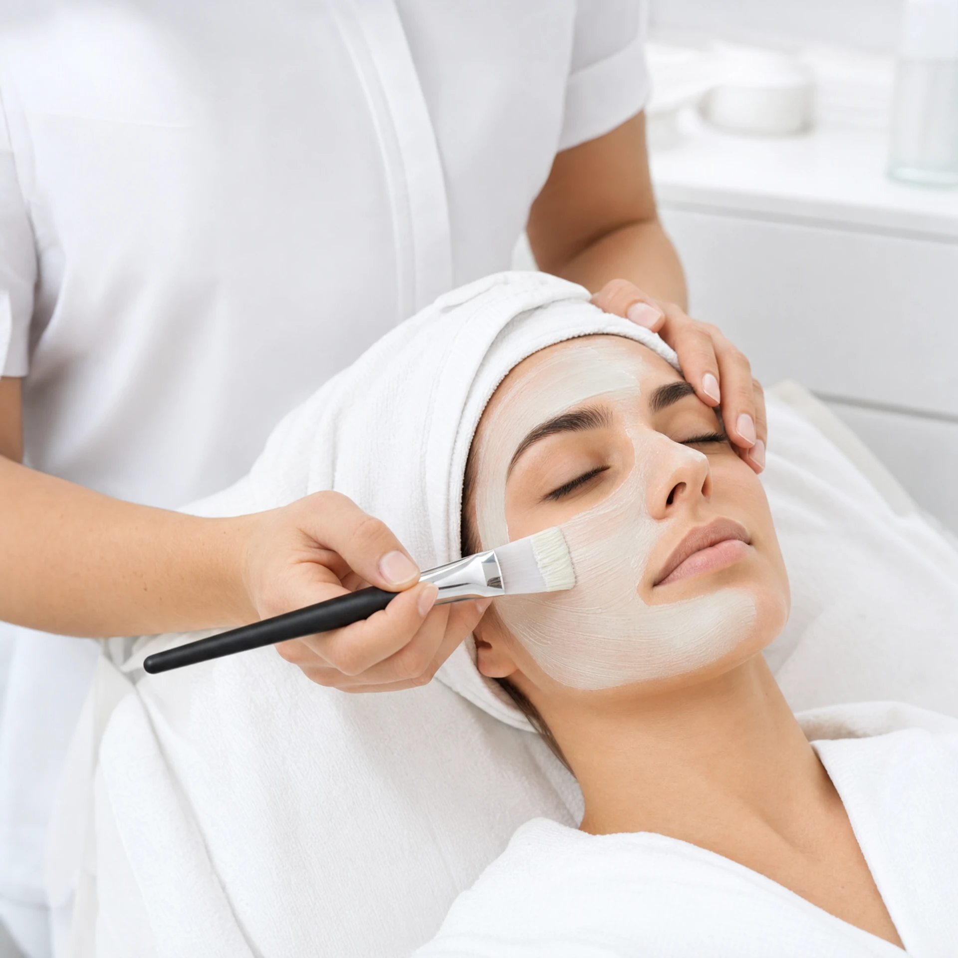 Beauty therapist applying face mask to client using Beauty Collective Face Mask Brush in professional clinic treatment room, client relaxing on white treatment bed