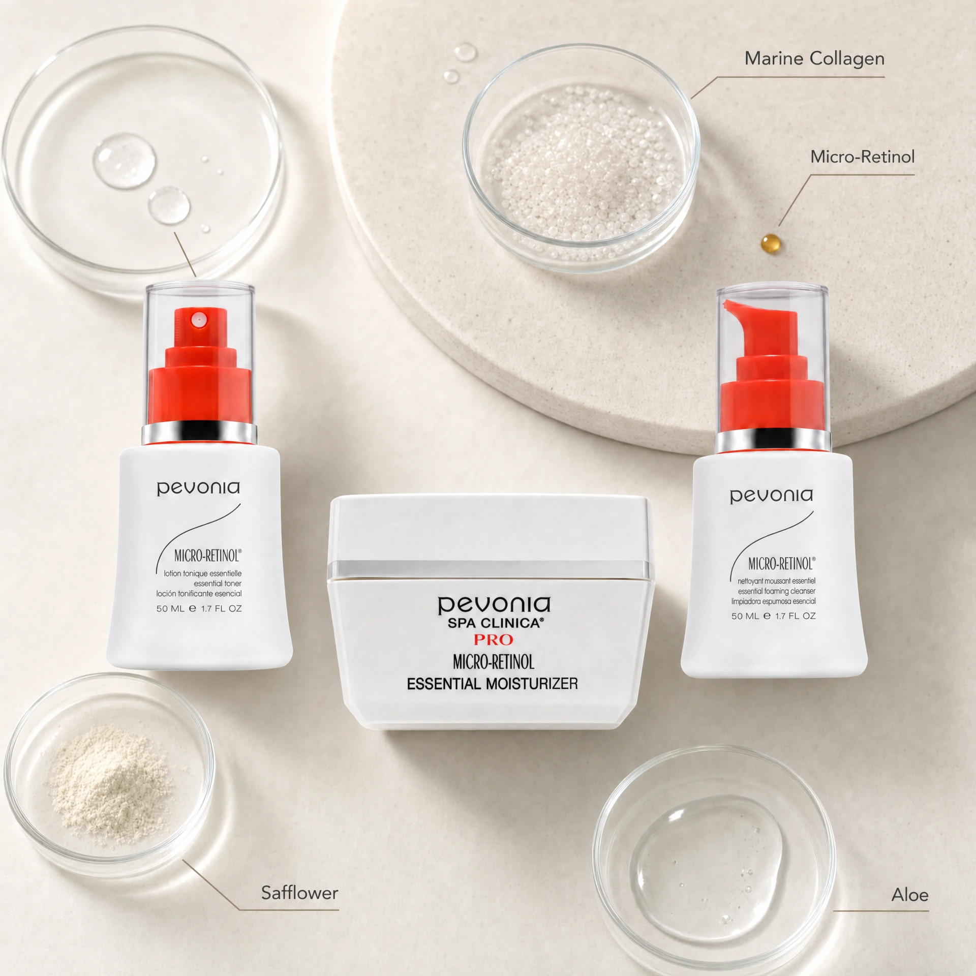 Pevonia Micro-Retinol skincare routine with Foaming Cleanser, Toner and Essential Moisturiser displayed beside ingredient textures for Calendula, Safflower, Aloe, Chamomile, Hyaluronic Acid, Squalane and Marine Collagen.