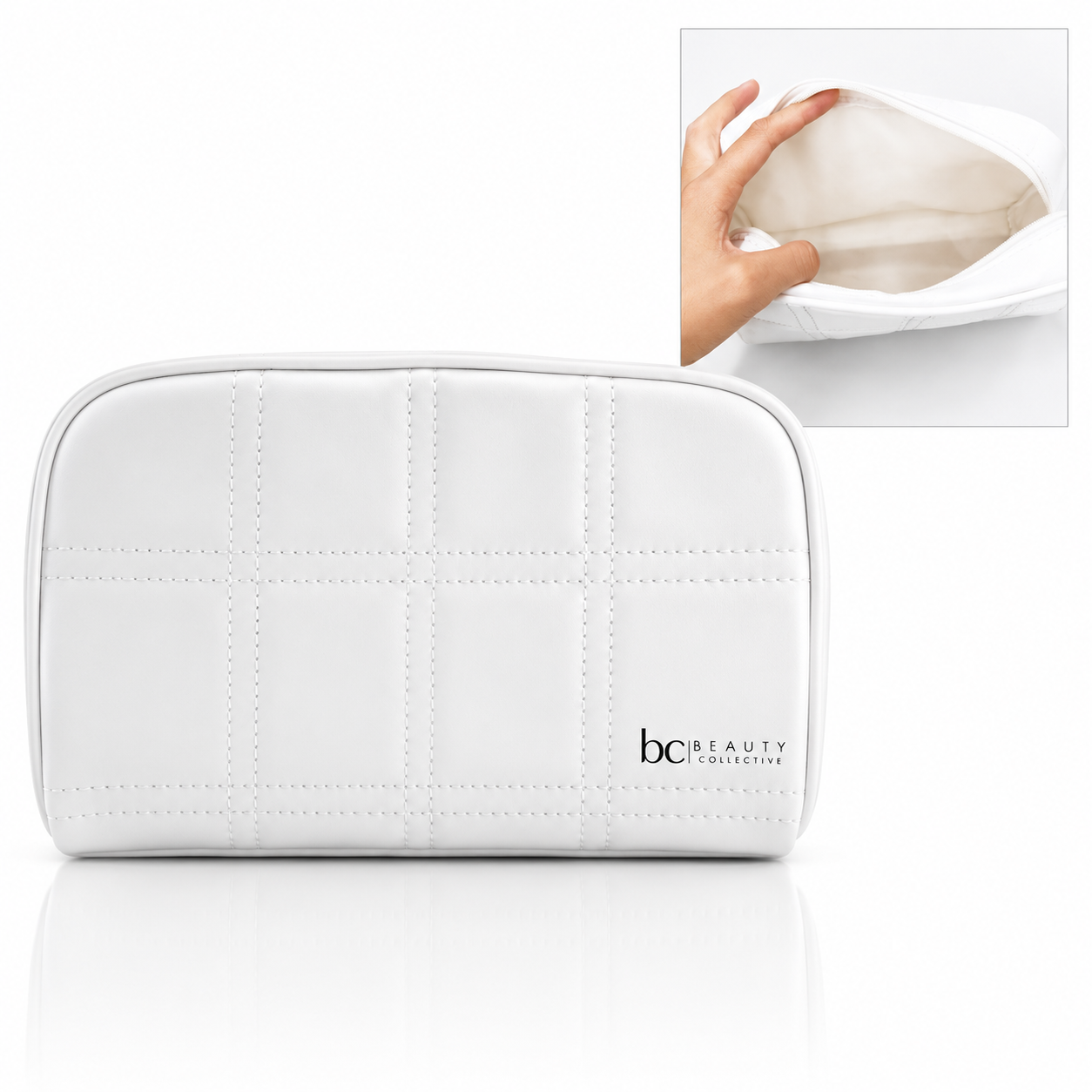 Front view of the Beauty Collective white quilted cosmetic bag with premium stitched finish and zip closure.