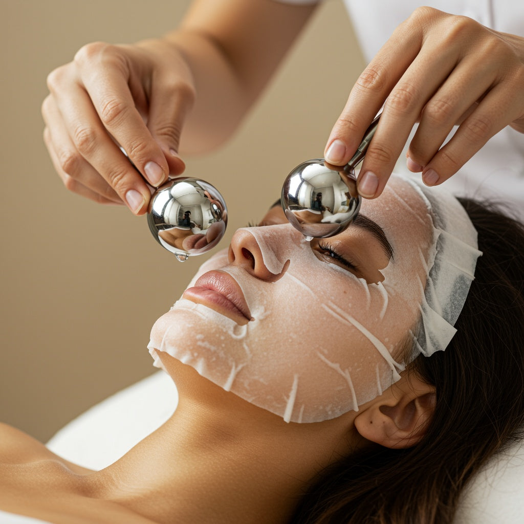 A close-up of a person lying down with a white ELES facial sheet mask on, while another person uses two shiny silver metal ice globes massage balls on their face. The background is a soft beige spa setting.