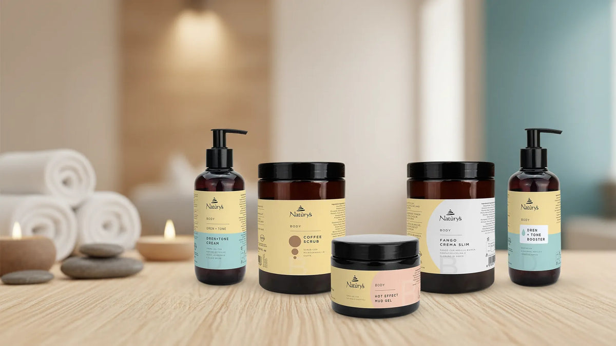 Collection of Natura skincare products on a wooden surface with a neutral background