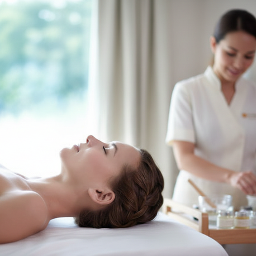 Woman receiving a massage in a spa setting with a professional.
