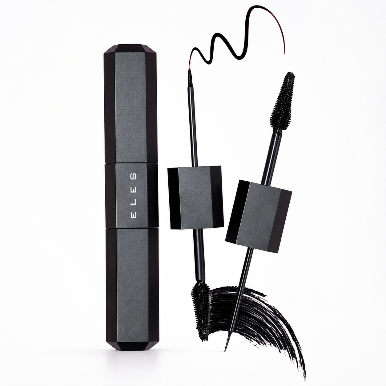 ELES 2-in-1 Mascara & Liner in Black with mascara wand and precision eyeliner applicator pack shot