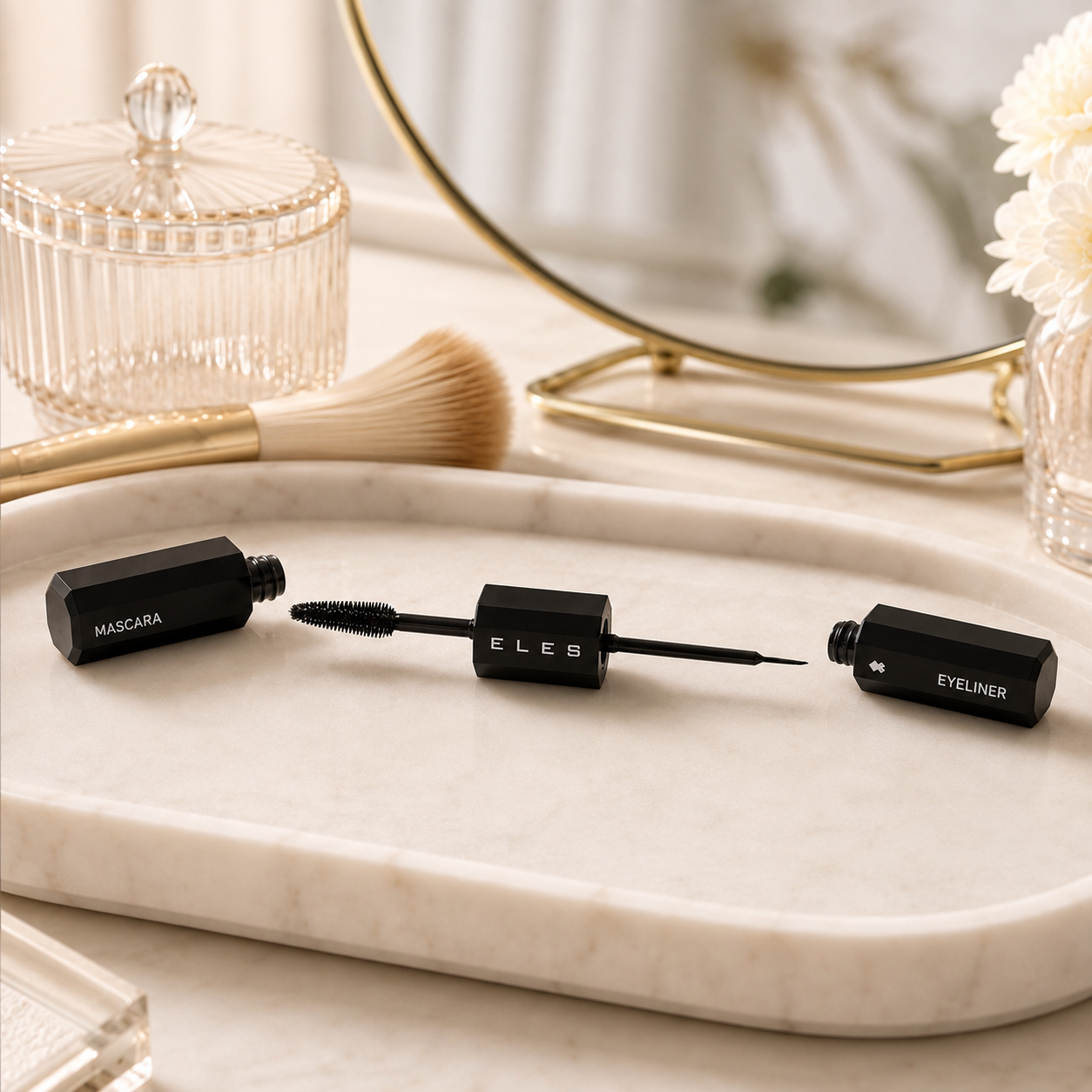 Eles 2 in 1 Mascara Liner Black arranged on a white surface, including a mascara tube, eyeliner wand, eyeliner cap, powder, brush, and clear containers. The central product is the black eyeliner wand with the brand name ELES visible on the tube