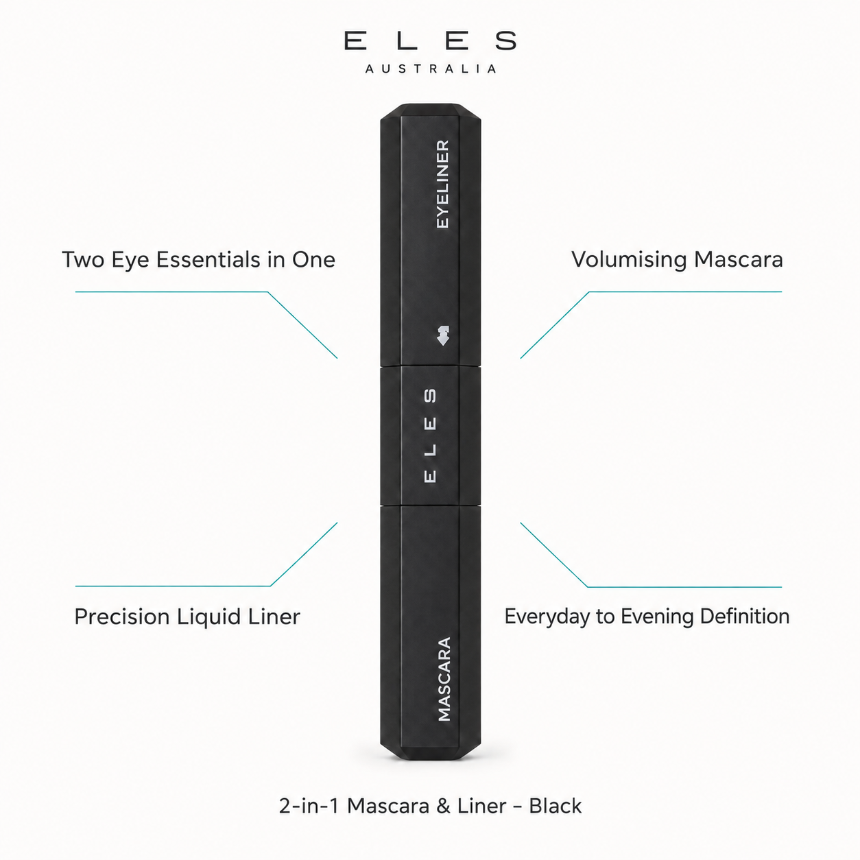 Eles 2 in 1 Mascara Liner Black  by ELES Australia, shown vertically on a white background with callout text reading '2-in-1 Eye Essential,' 'Volumising Mascara,' 'Precision Liquid Liner,' 'Versatile Black Finish,' and '2-in-1 Mascara & Liner — Black.'.