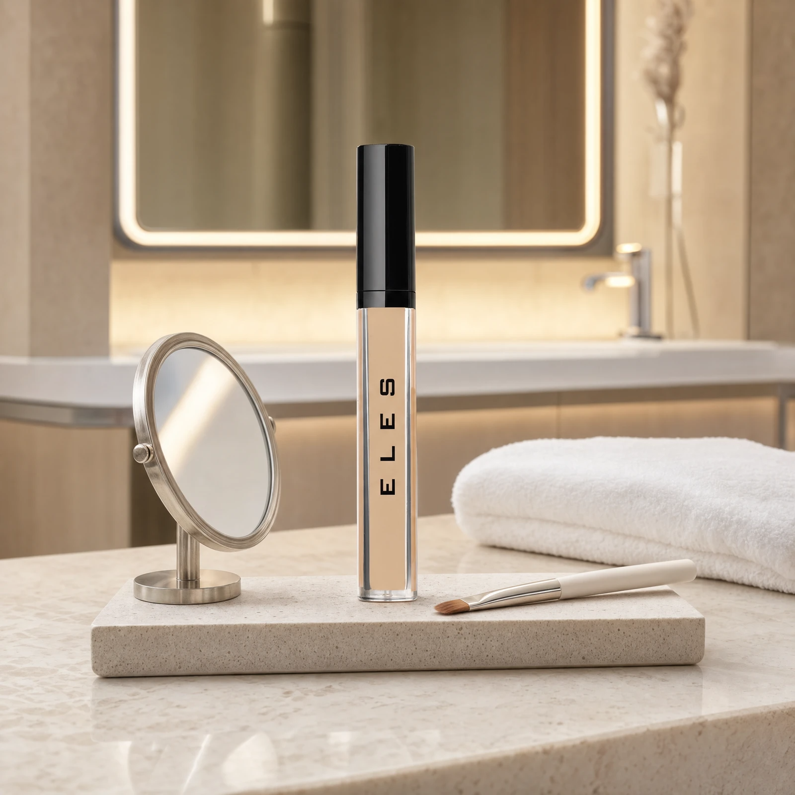 ELES Adjustable Coverage Concealer wand standing upright on a stone tray with a concealer brush and round mirror on a marble clinic bench inside a premium skin clinic treatment room, ideal for professional post-facial concealer application
