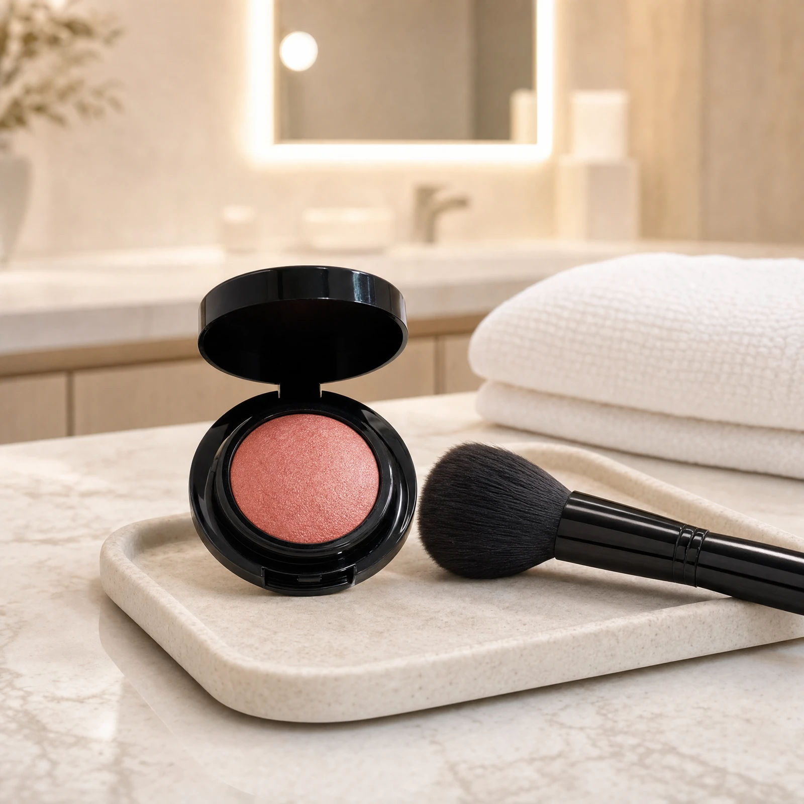 ELES Baked Blush open compact with a large fluffy blush brush on a stone tray on a marble clinic bench inside a premium skin clinic treatment room, ideal for professional complexion finishing after facial treatments