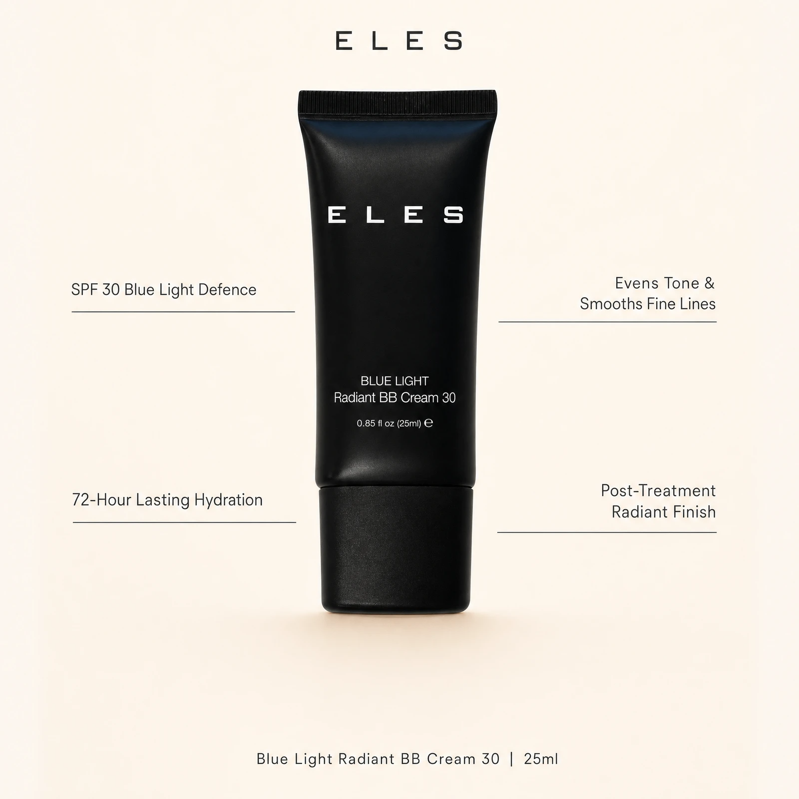 ELES Blue Light Radiant BB Cream 30 25ml with benefit callouts for SPF 30 blue light defence, 72-hour hydration, even tone and post-treatment radiant finish.
