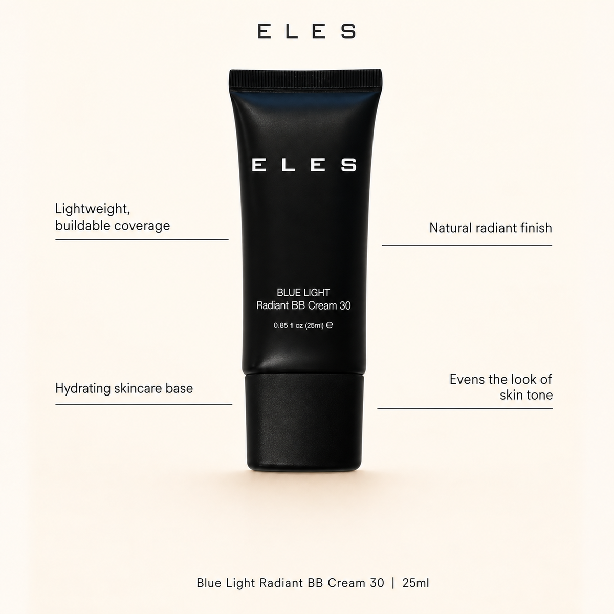 ELES Blue Light Radiant BB Cream 30, 25 ml, with callouts for lightweight buildable coverage, a natural radiant finish, hydration and more even-looking skin tone.