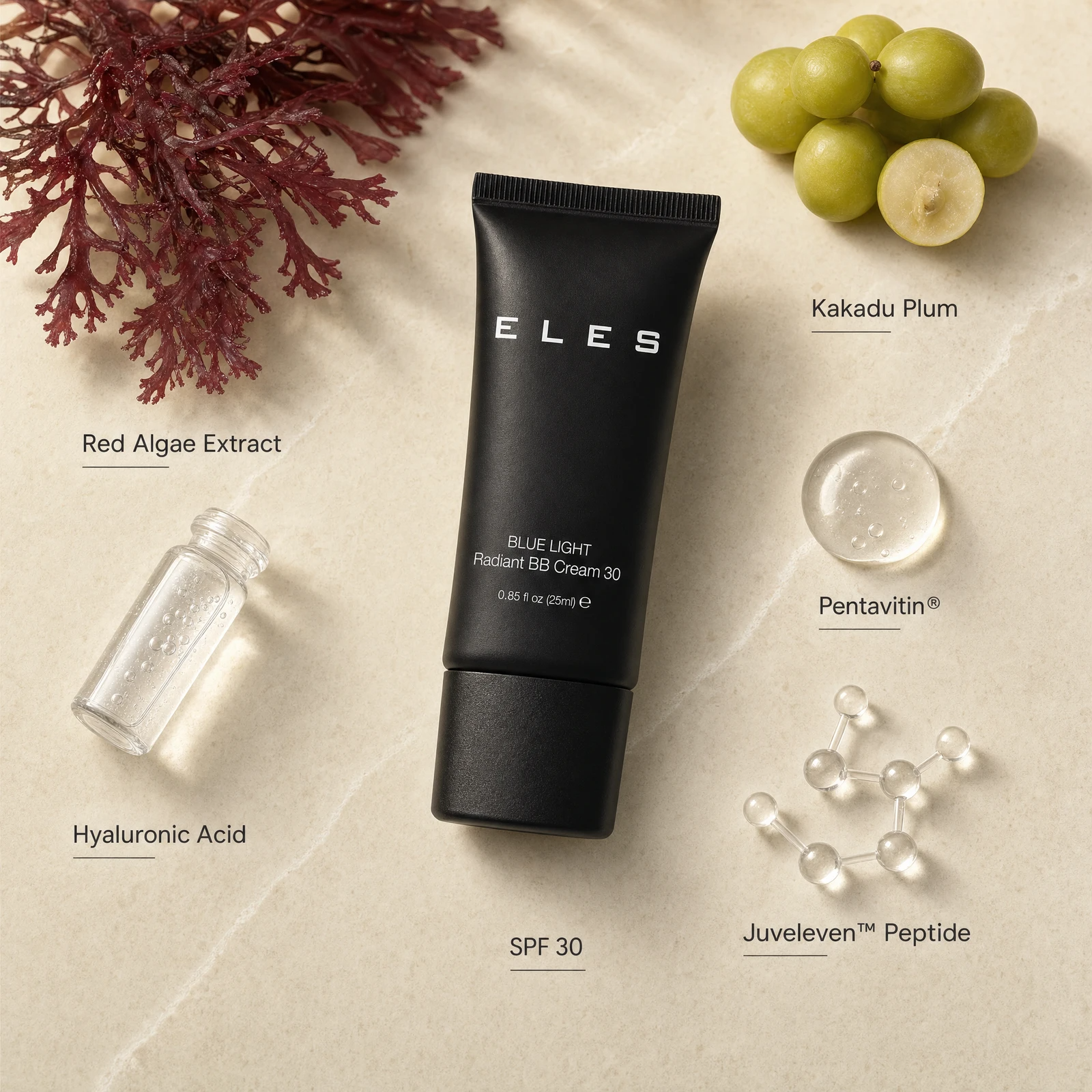 ELES Blue Light Radiant BB Cream 30 25ml displayed with key ingredients including red algae extract, Kakadu plum, Pentavitin and hyaluronic acid.