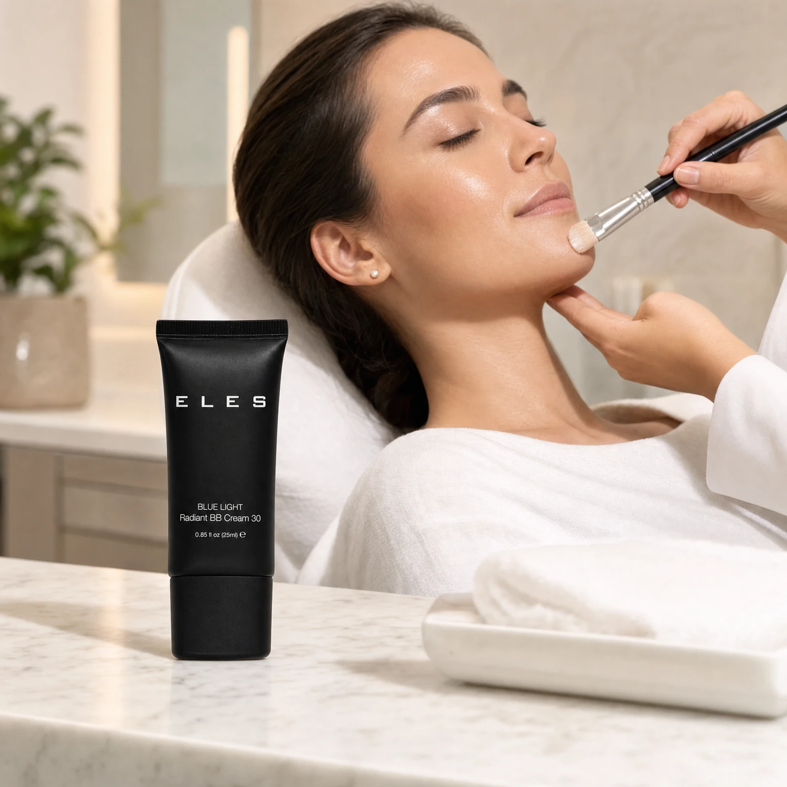 ELES Blue Light Radiant BB Cream 30 25ml applied by a professional therapist in a clinic setting as a post-treatment finishing step for radiant skin.