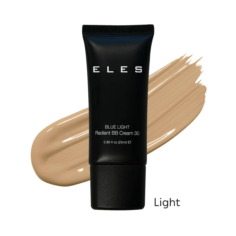 Black tube of ELES Blue Light Radiant BB Cream 30 with a beige color swatch on a white background. Shade - Light