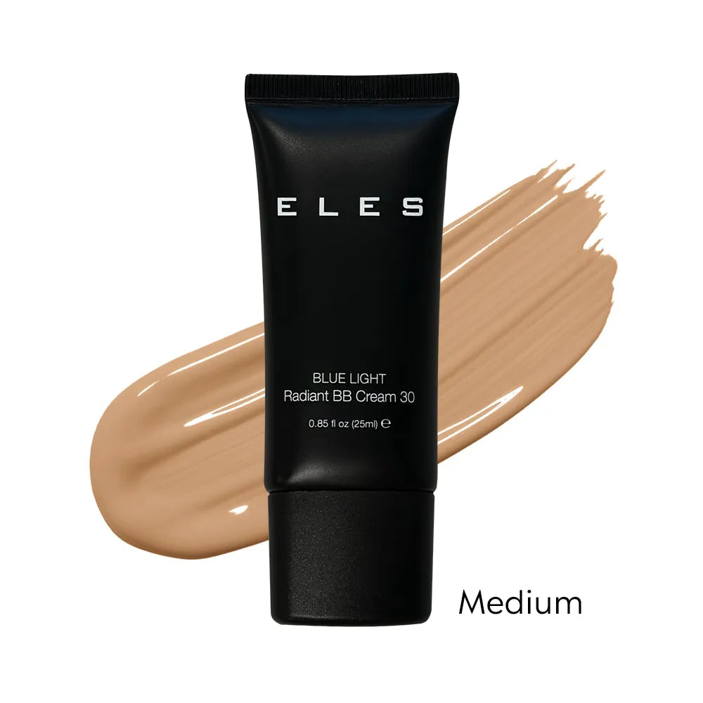 Black tube of ELES Blue Light Radiant BB Cream 30 with a beige color swatch on a white background. Shade - Medium