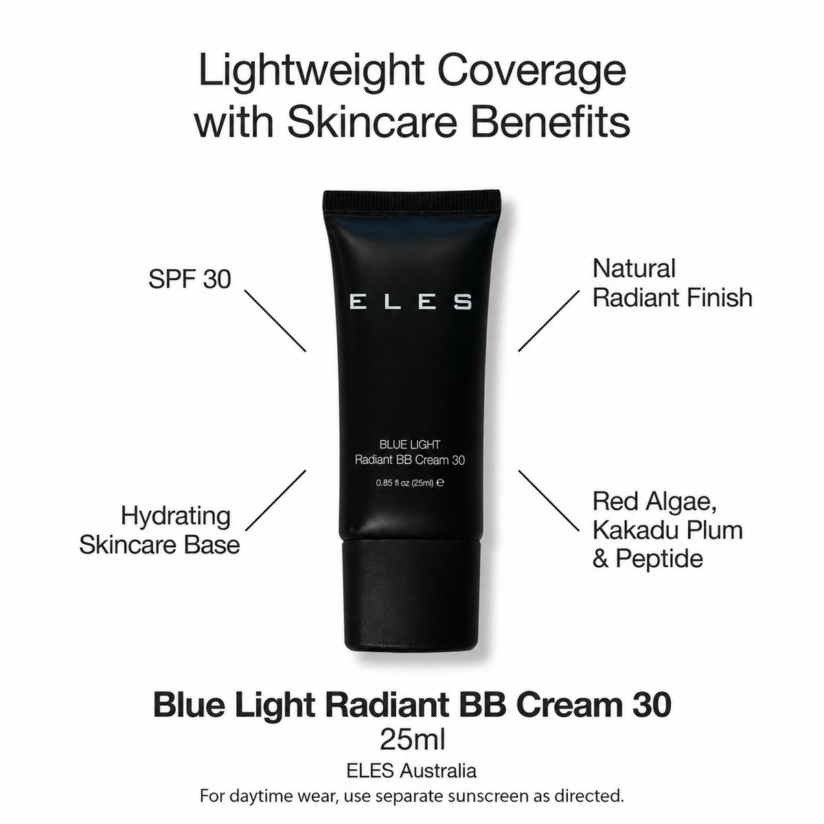 ELES Blue Light Radiant BB Cream 30, 25 ml, with SPF 30, radiant finish, hydrating base and ingredient callouts, plus a separate daytime sunscreen note.