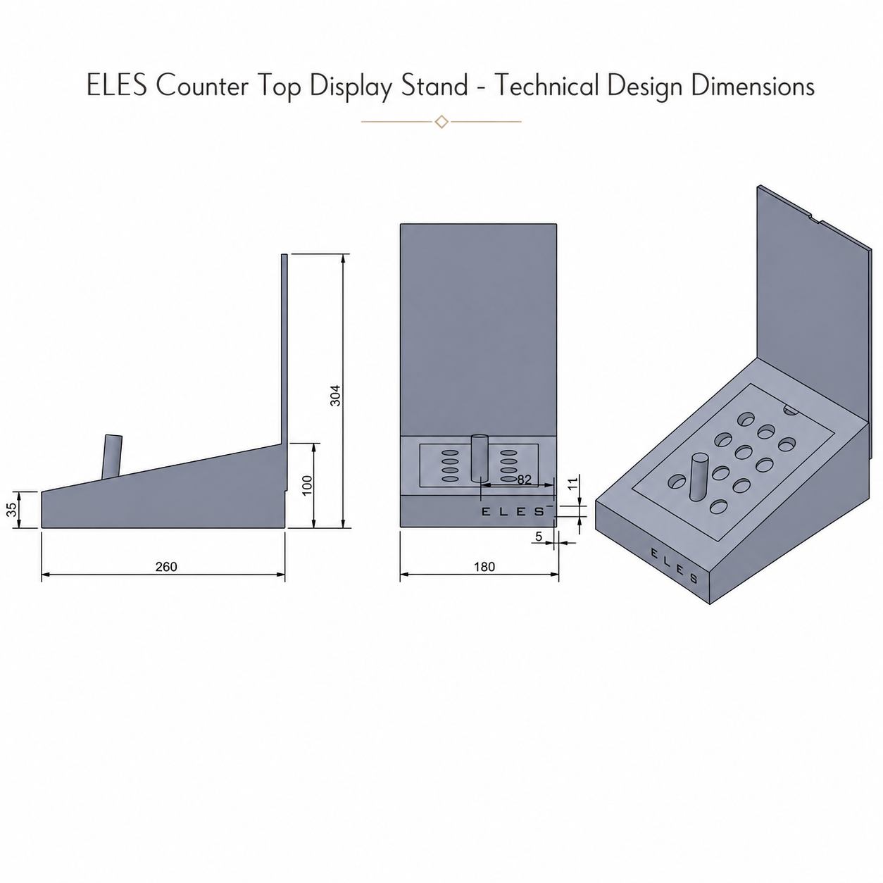 Technical design dimensions of ELES counter top display stand on a white background