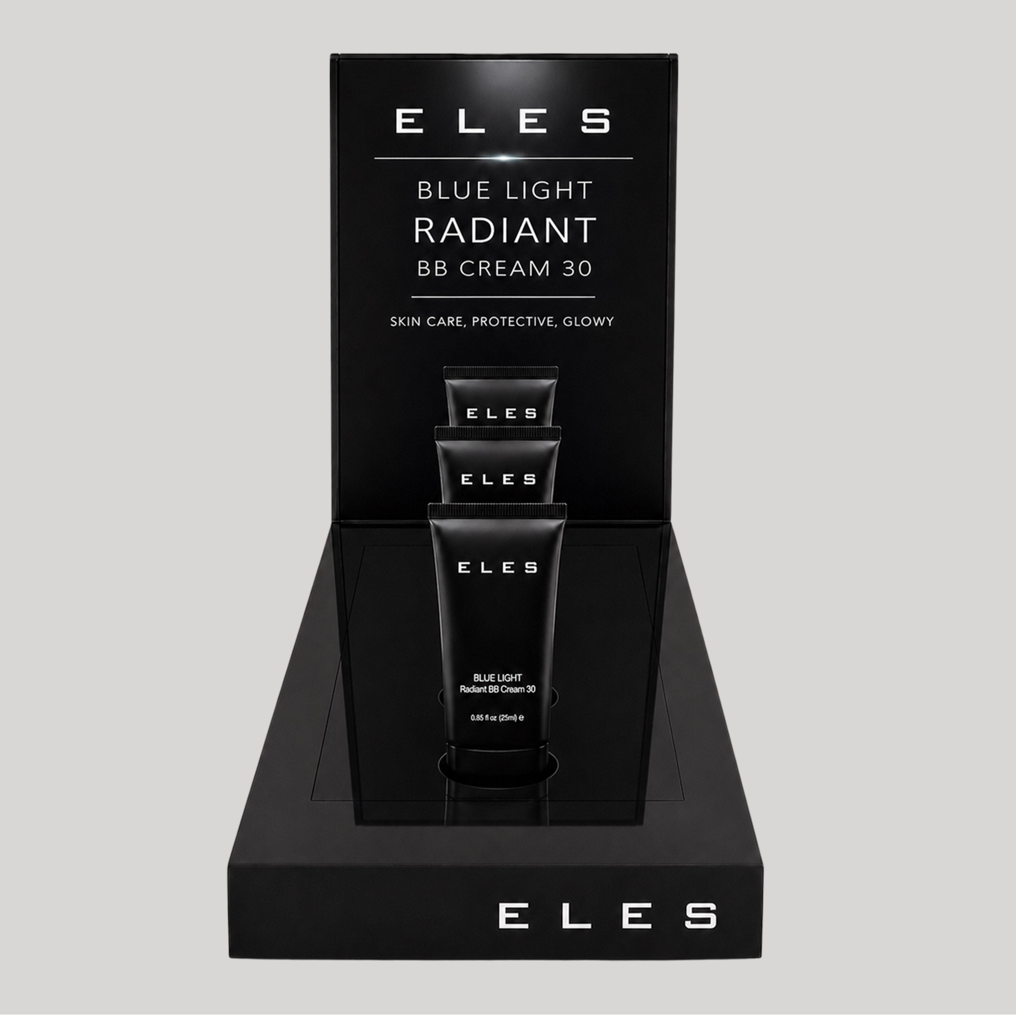 ELES Blue Light Radiant BB Cream SPF 30 starter display package featuring branded countertop retail display with tester BB cream tubes for beauty clinics and salons.